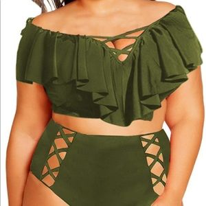 NEW SOVIYONTER Olive Ruffle High Waisted Swimsuit Bikini Set Bathing  XL